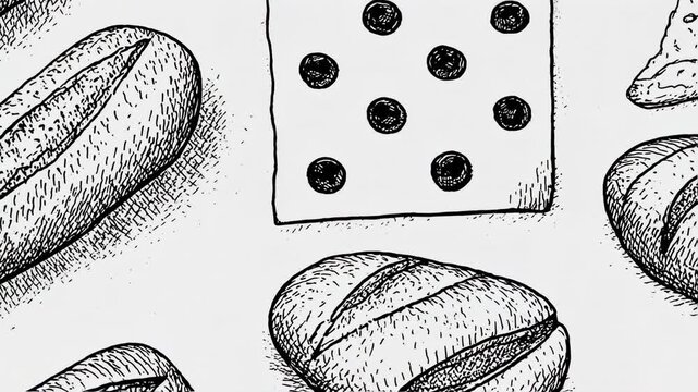 A monochrome bread still life with a square and scattered baked goods in various shapes