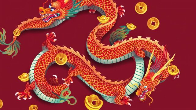 A stylized, vibrant, two-headed dragon with swirling body & coins, against a red background