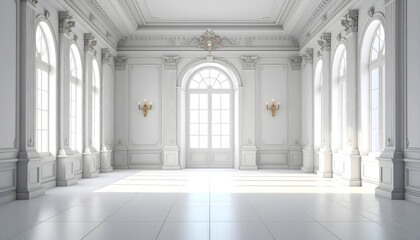 Elegant white ballroom with large arched windows and ornate decor
