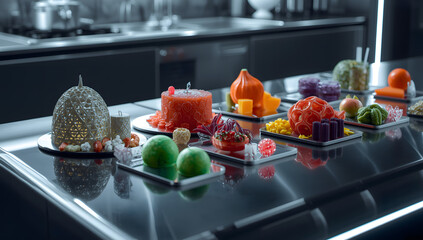 3D printed food items displayed on table with intricate designs and vibrant colors, modern culinary innovation and futuristic technology concept