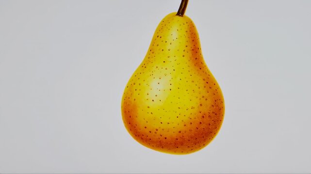 A golden-yellow pear with a brown stem hangs against a neutral background. The skin has small brown speckles