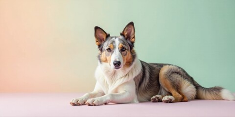 A charming merle canine companion rests peacefully on a soft pink surface against a serene pastel backdrop