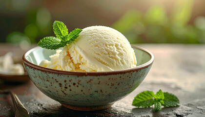 A refreshing scoop of creamy vanilla ice cream with fresh mint garnish in a rustic bowl