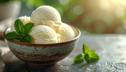 Delicious scoops of creamy vanilla ice cream with fresh mint in a rustic bowl, perfect for a delightful summer dessert treat