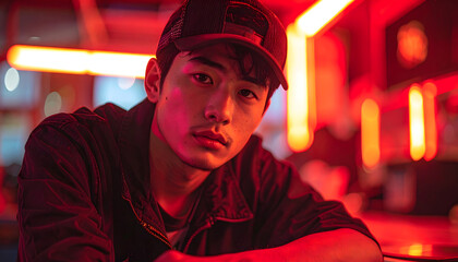 Striking portrait of a young man captured under the vibrant, intense glow of red neon lights in a modern urban setting