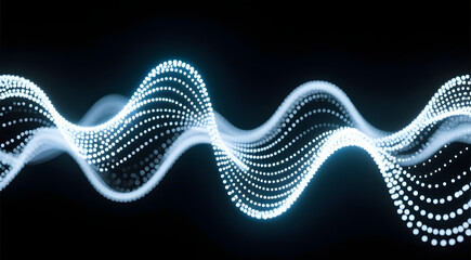Abstract illuminated wavy particle wave on black background, science and technology concept