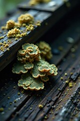 Close-up view of vibrant yellow-green lichen clusters flourishing on weathered dark wood