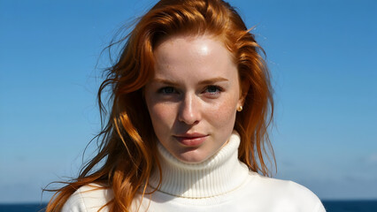 Portrait of a beautiful young woman with red hair against a blue sky