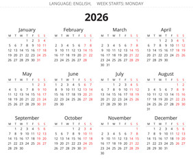 2026 english simple annual calendar. Vector illustration. Week starts monday
