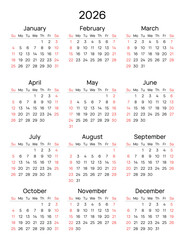 2026 simple calendar. English vector year (week starts sunday)