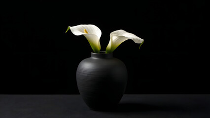 Elegant Calla Lilies in a Matte Black Vase on a Dark Background, Showcasing Serene Beauty and Minimalist Design