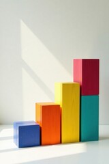 Colorful Wooden Blocks Ascending in a Stair-Step Pattern, Illuminated by Sunlight Against a White Background