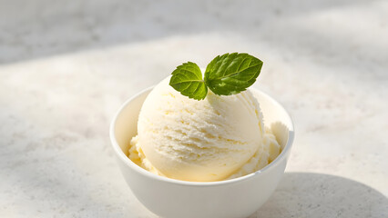 Creamy Vanilla Ice Cream in a White Bowl with a Mint Garnish, Delightful Treat