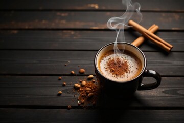 Aromatic Steaming Coffee in Dark Mug with Cinnamon Sticks and Spices on Rustic Wooden Surface