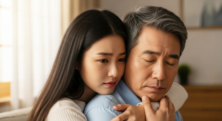 Fototapeta premium Sad Daughter Hugging Her Father for Comfort and Support. Family Love and Care