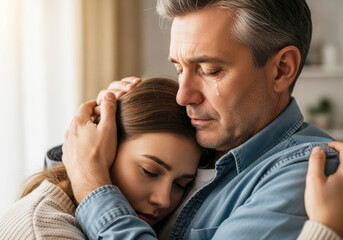 Sad Daughter Hugging Her Father for Comfort and Support. Family Love and Care