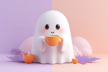 pastel color scheme halloween scene with cute ghost drinking pumpkin latte and autumn candle & dry leaves decor