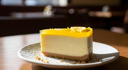 lemon cheesecake slice in a warmly lit café setting