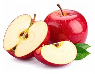 Fresh Red Apples with Cut Slice and Green Leaves on White Background Showing Seeds Nutrition in Detailed Close up Shot for Health Food