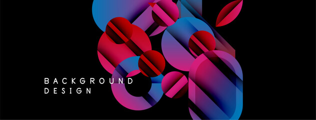 Abstract geometric shapes overlap, creating vibrant color gradients. Design features blue, pink, red hues on black backdrop. Modern aesthetic.