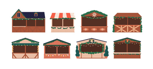 Christmas market stalls, wooden kiosks set. Winter holiday fair booths, wood stands, small outdoor shops with seasonal festive decoration. Flat vector illustration isolated on white background © Good Studio