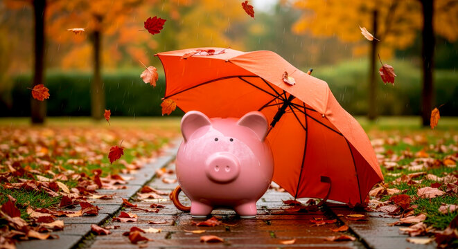 A piggy bank under an orange umbrella in the rain on the background of an autumn park. Protect your savings in unstable financial times.