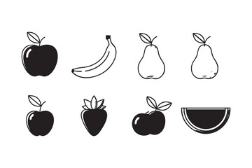 Collection of black and white fruit icons including apple banana pear strawberry and watermelon slice