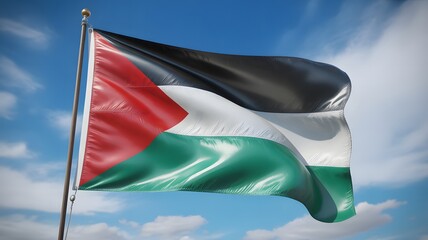 Palestine flag waving in the wind against a blue sky national symbol of palestine country flag