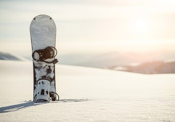 Snowboard standing upright in snow with sun flare in winter landscape