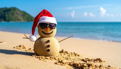 Sand snowman with Santa hat and sunglasses on tropical beach
