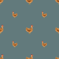 Seamless watercolor chicken pattern on blue background | Farm bird design for rustic kitchen and fabric decor. For wallpaper, textile design, wrapping paper, and country kitchen decor.