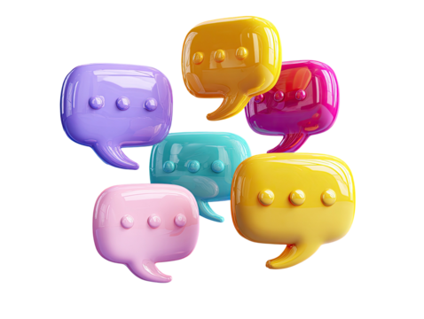 Shiny, pastel speech bubbles floating against a solid black backdrop