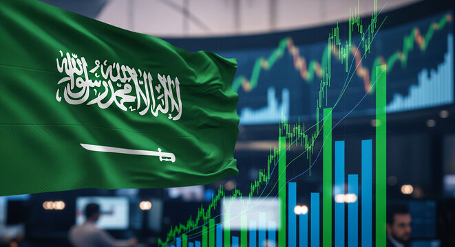 Soudi Arab Flag Waving with Stock Market Graphs in the Background, Symbolizing Economic Growth and National Pride in a Dynamic Financial Environment
