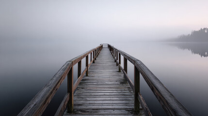 Fototapeta premium Empty wooden pier stretching into calm misty lake with soft pastel sky and distant tree line creating peaceful atmosphere