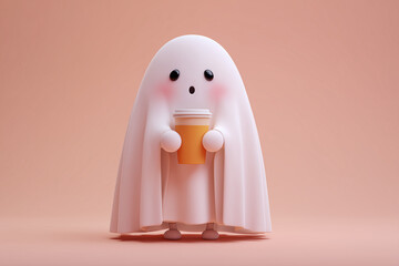 sweet scary ghost with orange cup to go isolated over warm pastel orange halloween background
