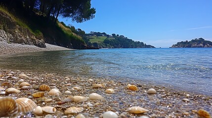 A sunny summer coastline with clear blue skies, crystal-clear water sparkling under the sun (2)