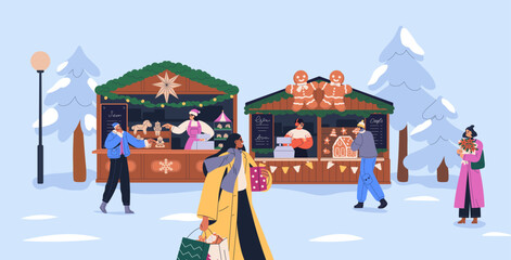 Christmas fair with street stalls and people walking. Winter holiday market with festive stands, cabins, vendors selling gifts, souvenirs. Outdoor seasonal booths. Flat vector illustration
