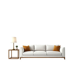 Modern white sofa with orange cushions, side table, and lamp on black backdrop