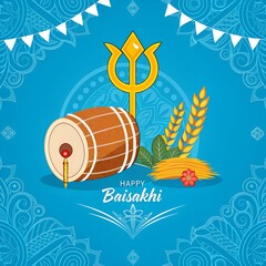 Happy Baisakhi Festival Illustration with Dhol, Wheat, and Khanda Symbol
