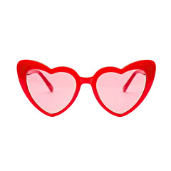 Close-up of heart-shaped sunglasses, red frames and tinted lenses