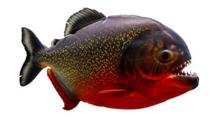 Red bellied piranha showcasing vibrant colors and sharp teeth in clear water environment