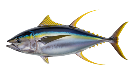 Yellowfin tuna swimming gracefully, showcasing vibrant colors in a clear background
