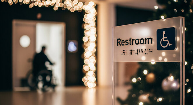 Clear restroom sign with braille and accessibility symbol next to a figure in a wheelchair
