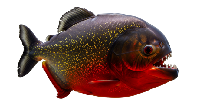 Red bellied piranha showcasing vibrant colors and sharp teeth in clear water environment
