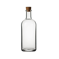 Clear glass bottle with cork stopper, standing on black background