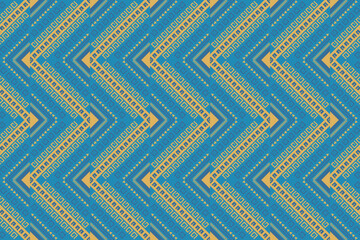 Vibrant chevron geometric pattern in blue and gold tones inspired by tribal design. Perfect for fabric prints, ethnic fashion, wallpaper, bohemian art, and contemporary textile decoration.