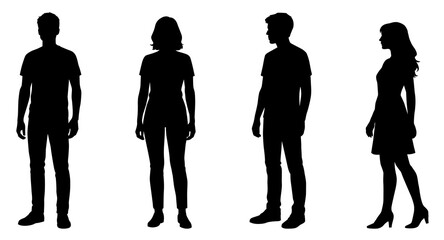 Guy and girl silhouettes set. Vector flat illustrations of standing young man and woman.