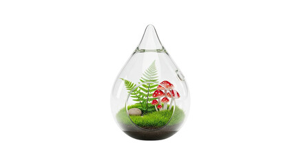 Miniature ecosystem inside glass teardrop terrarium with plants