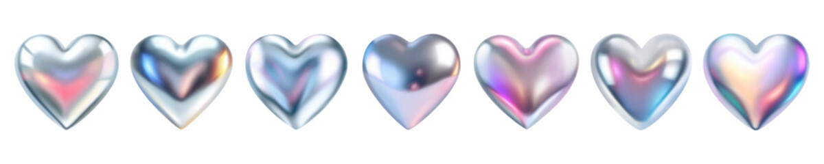 3d heart metallic holographic set. Heart love symbol collection isolated on white background