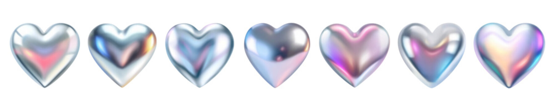 3d heart metallic holographic set. Heart love symbol collection isolated on white background